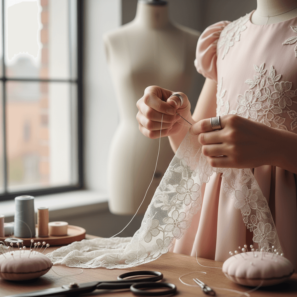 Seamstress hands carefully stitching delicate lace details onto blush silk children's dress with fine embroidery thread