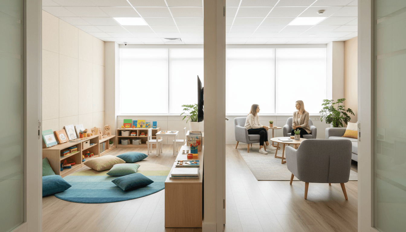 Bureau de pédopsychiatrie avec un espace d'accueil calme et lumineux