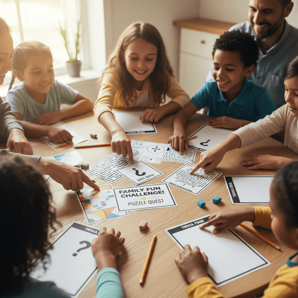 Family of diverse ages gathered around table solving printed puzzles and games with pencils in warm natural light